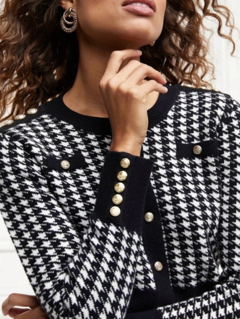 HOLLAND COOPER Black & White Houndstooth Button-Front Women's Cropped Sweater XS
